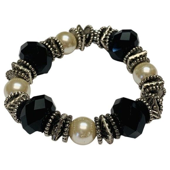 Vintage Elegant White Faux Pearl Black Sparkly Crystal Necklace Bracelet Set - Picture 4 of 7